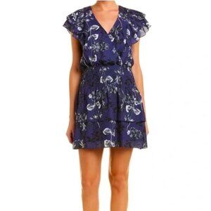 Parker Ruffle Front Navy Blue Paradise Floral Mini Dress XS
